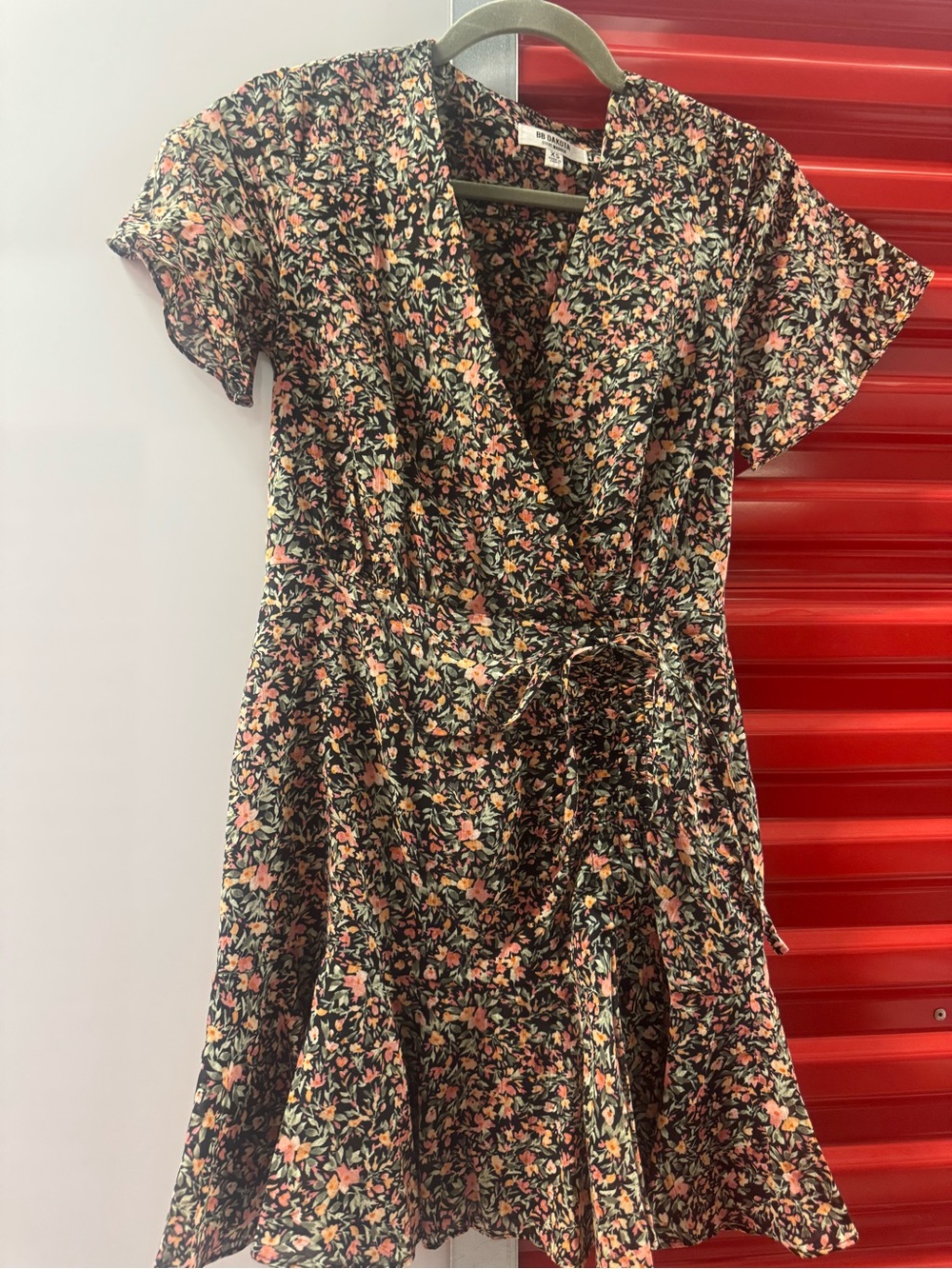 BB Dakota by Steve Madden Black Floral Mini Wrap Dress with Pink & Peach Accents
